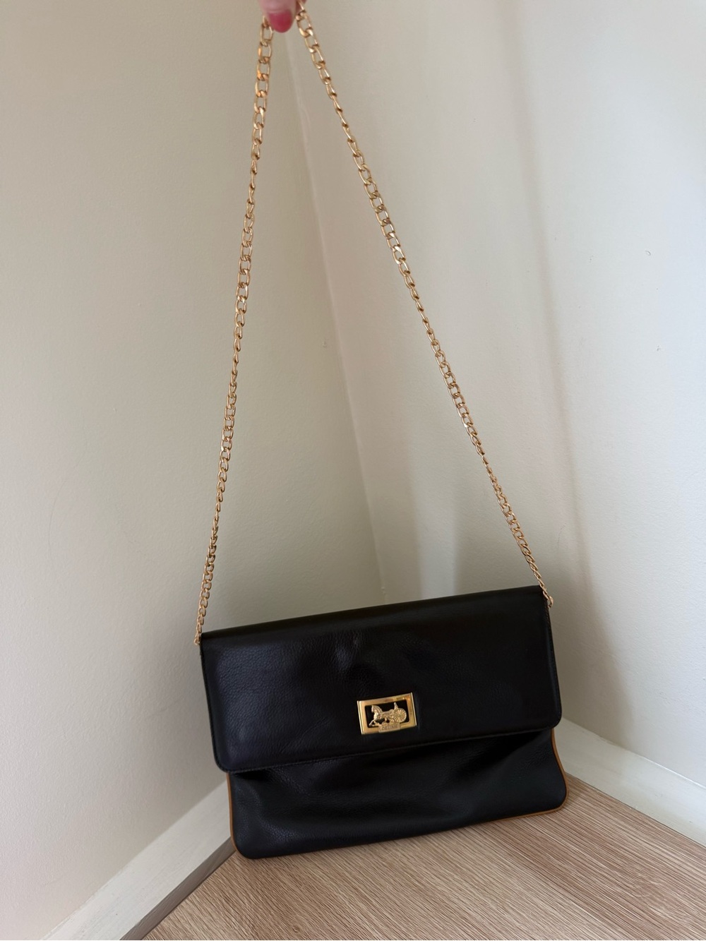 Vintage Celine Black Leather Fold-Over Clutch with Gold Hardware